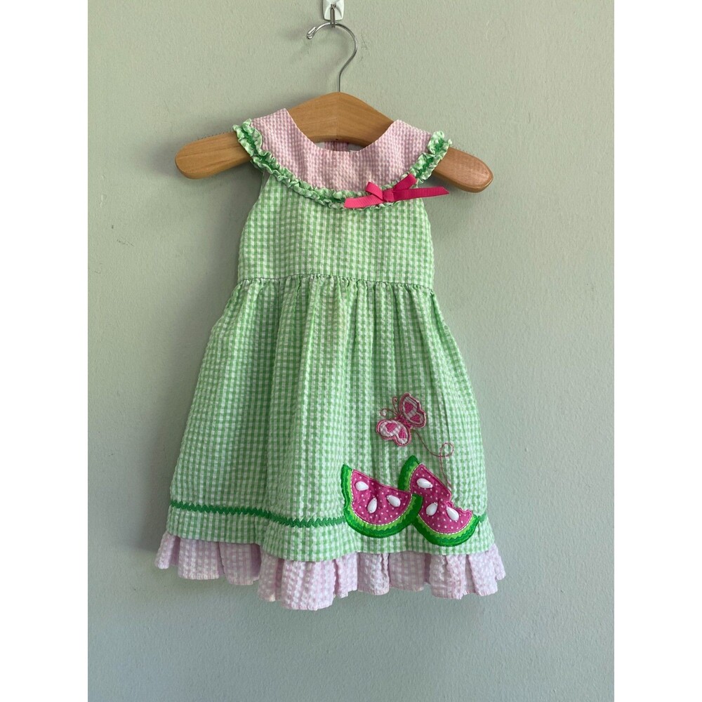 Rare Editions Girls Green & Pink Gingham Watermelon Dress And Bloomers Set 9mo